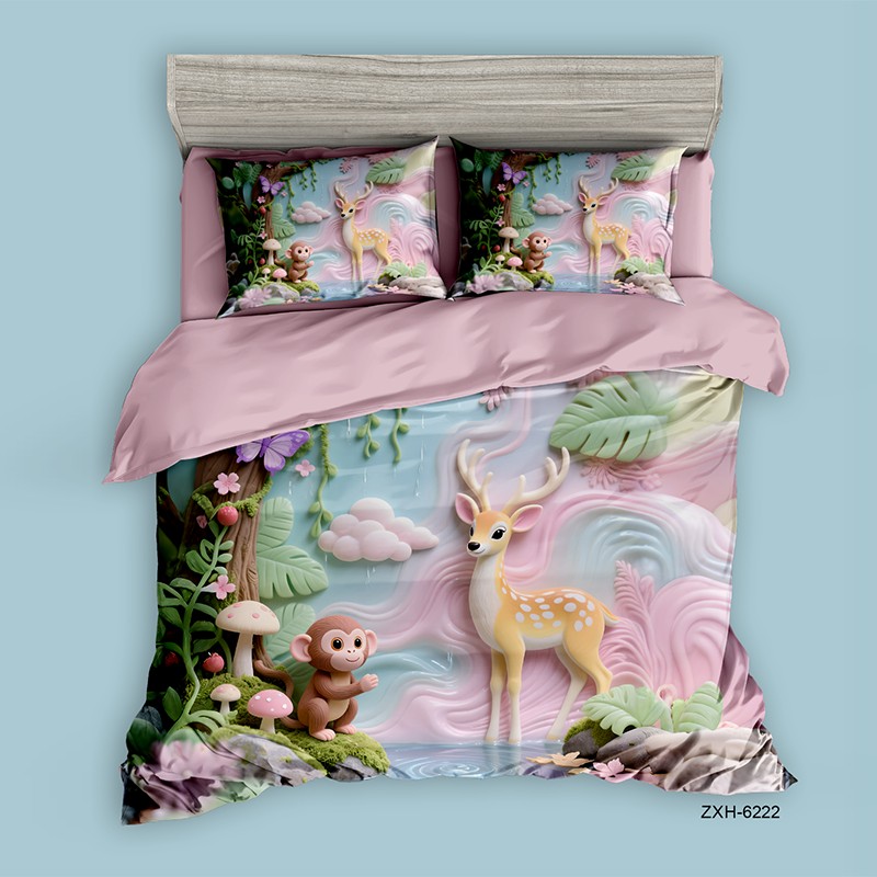 Cartoon 5D Digital Printed Bed Sheet Set with a Deer and Monkey in a Fantasy Forest