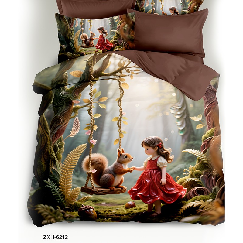 Cartoon 5D Digital Printed Bed Sheet Set with a Little Girl and Squirrel in Enchanted Forest