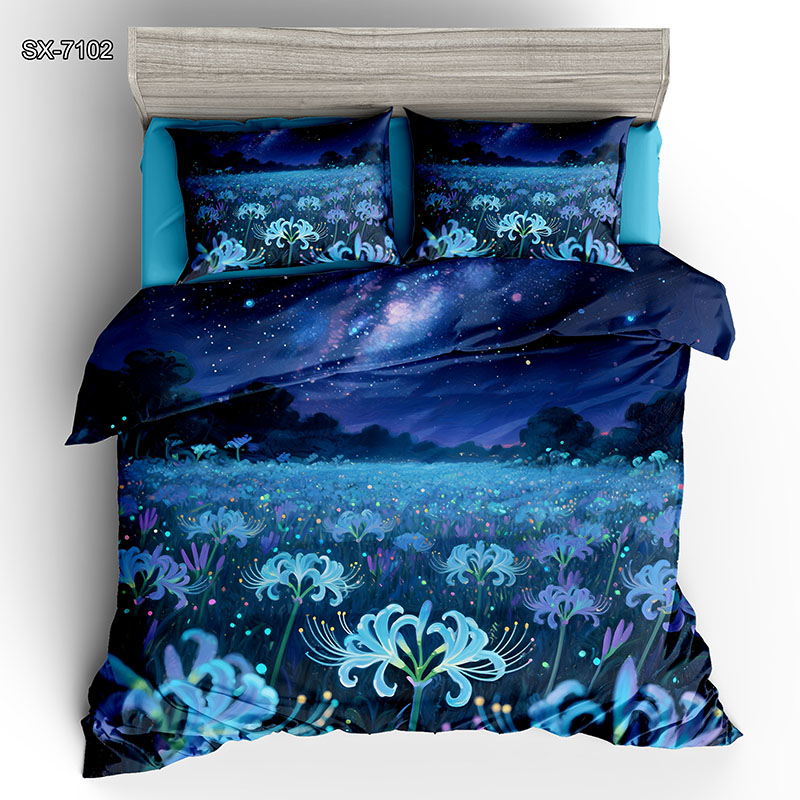 5D Oil-Painting Effect Bedding Set -Night Sky & Blue Flowers