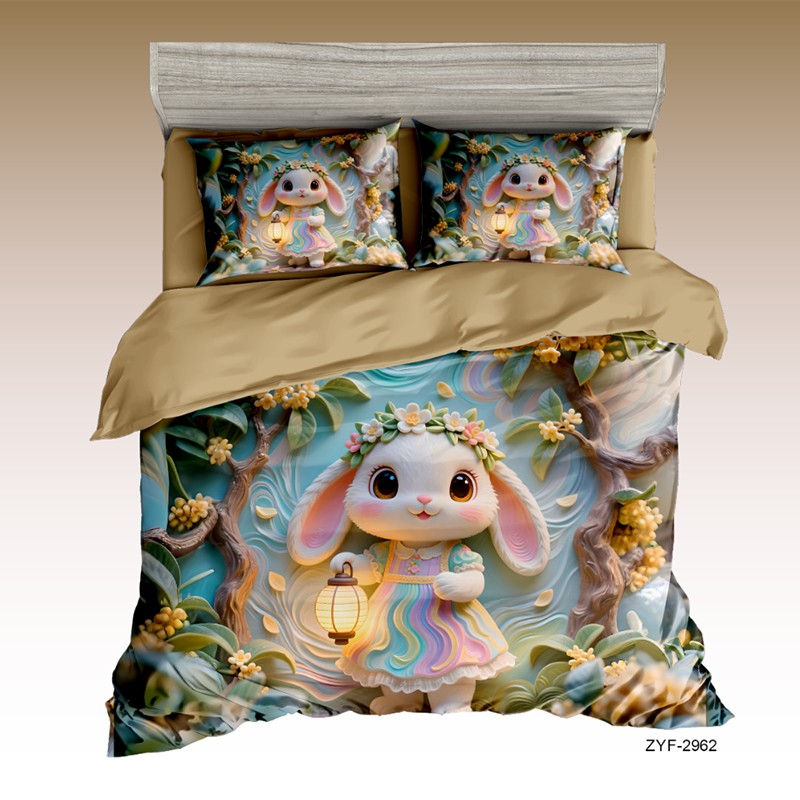 Cartoon 5D Digital Printed Bed Sheet Set with a Flower-Crowned Bunny in an Enchanted Forest