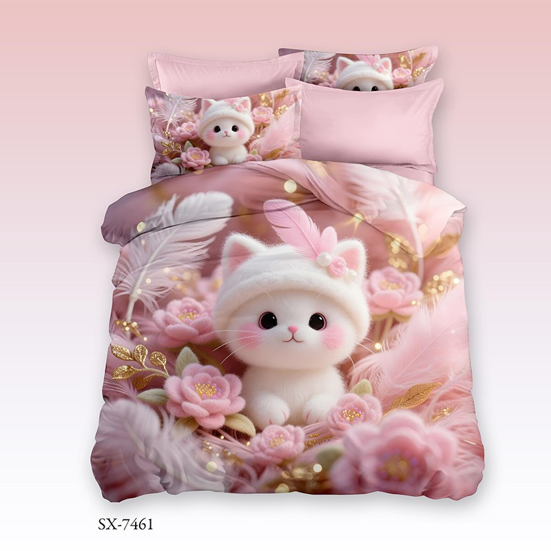 Cartoon 5D Digital Printed Bed Sheet Set with a Cute Kitten in a Pink Floral Dreamscape