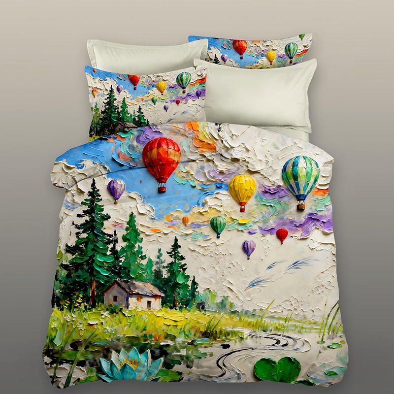 ‌5D Oil-Painting Effect Digital Print Bedding Set - ‌Hot Air Balloon
