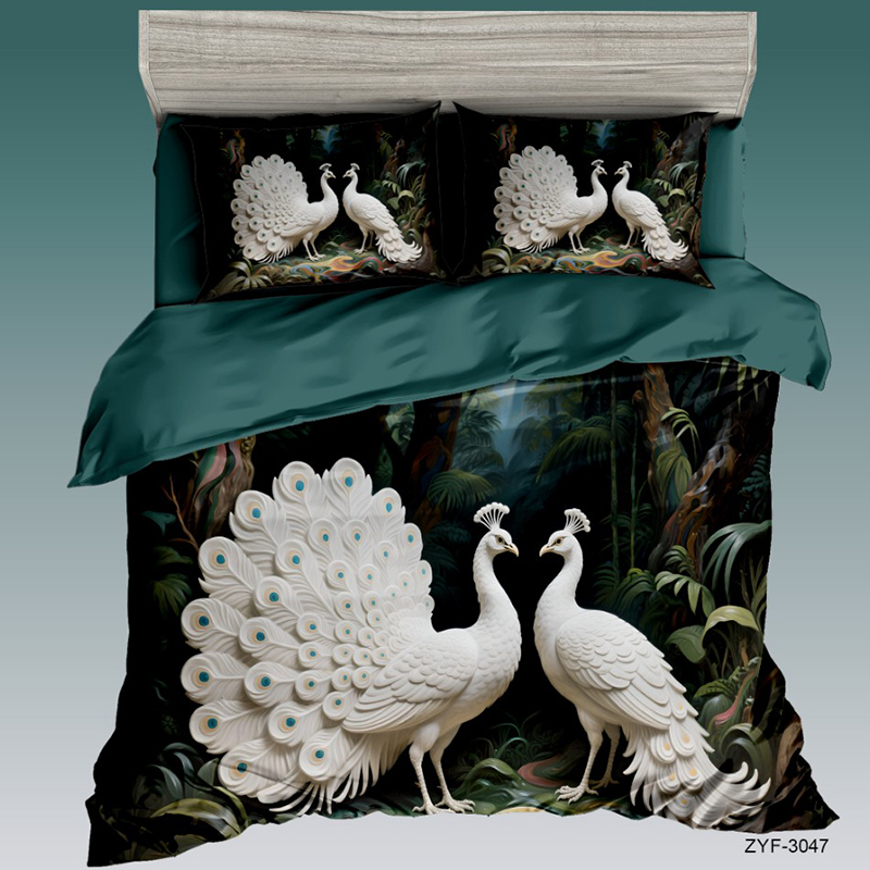 Cartoon 5D Digital Printed Bed Set with Elegant White Peacocks in a Lush Jungle Design