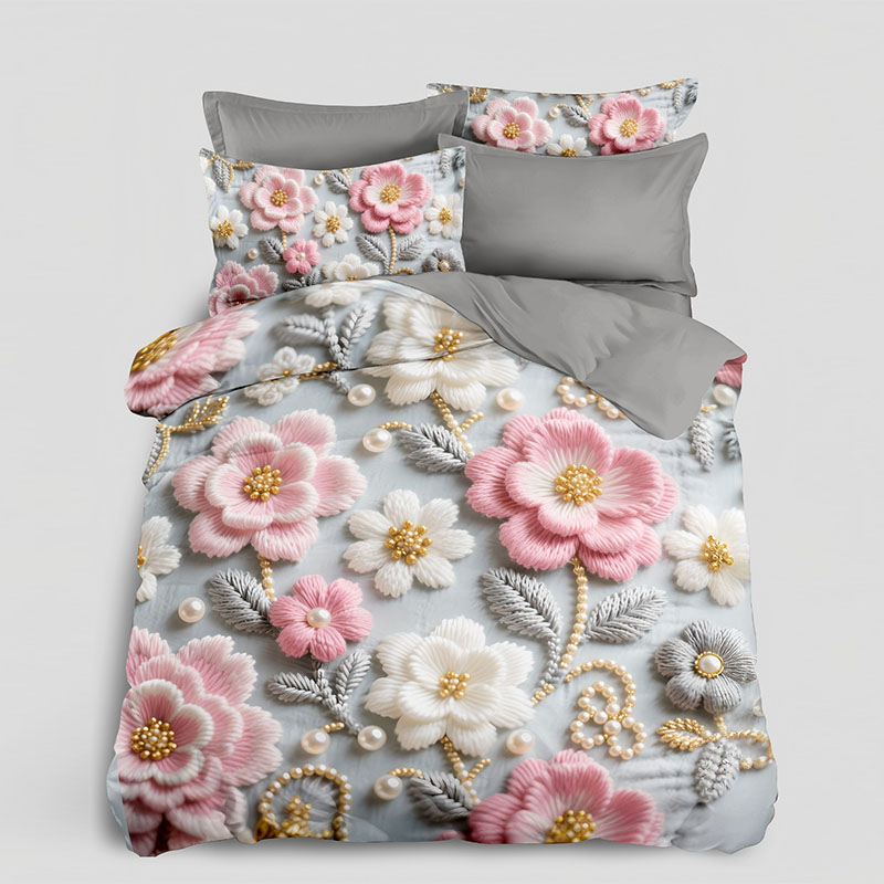 5D Digital Embroidery Effect Floral Bedding Set - Blushing peach