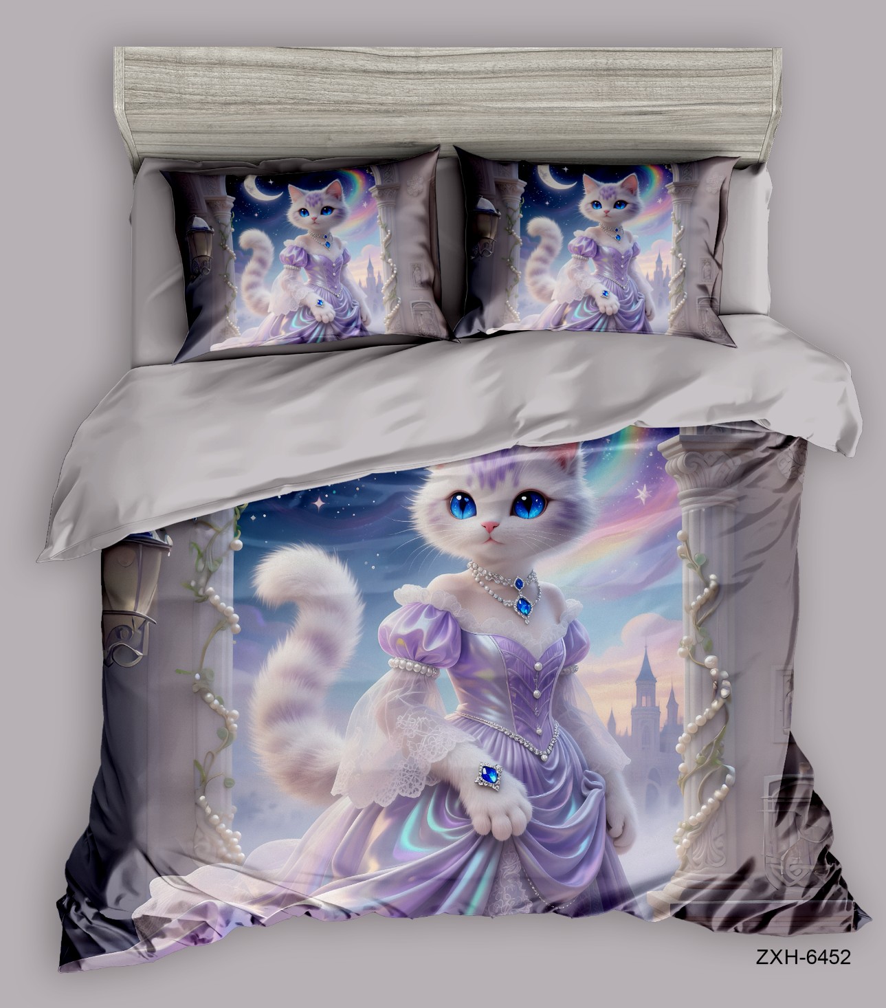 Cartoon 5D Digital Printed Bed Sheet Set with a Regal Cat Princess in a Castle Setting