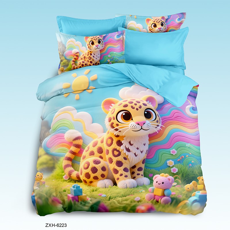 Cartoon 5D Digital Printed Bed Sheet Set with a Cute Leopard in a Playful Landscape