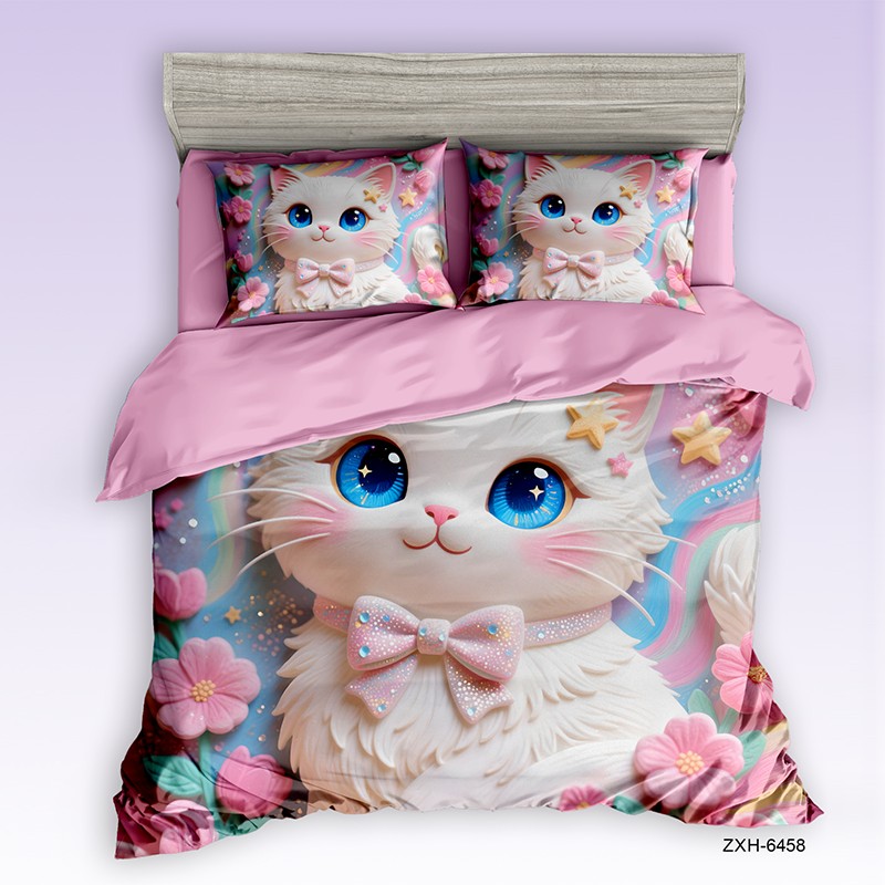 Cartoon 5D Digital Printed Bed Sheet Set with a Sweet Kitten in Floral Paradise