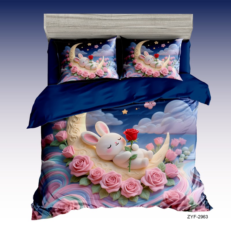 Cartoon 5D Digital Printed Bed Sheet Set with a Romantic Bunny on a Crescent Moon