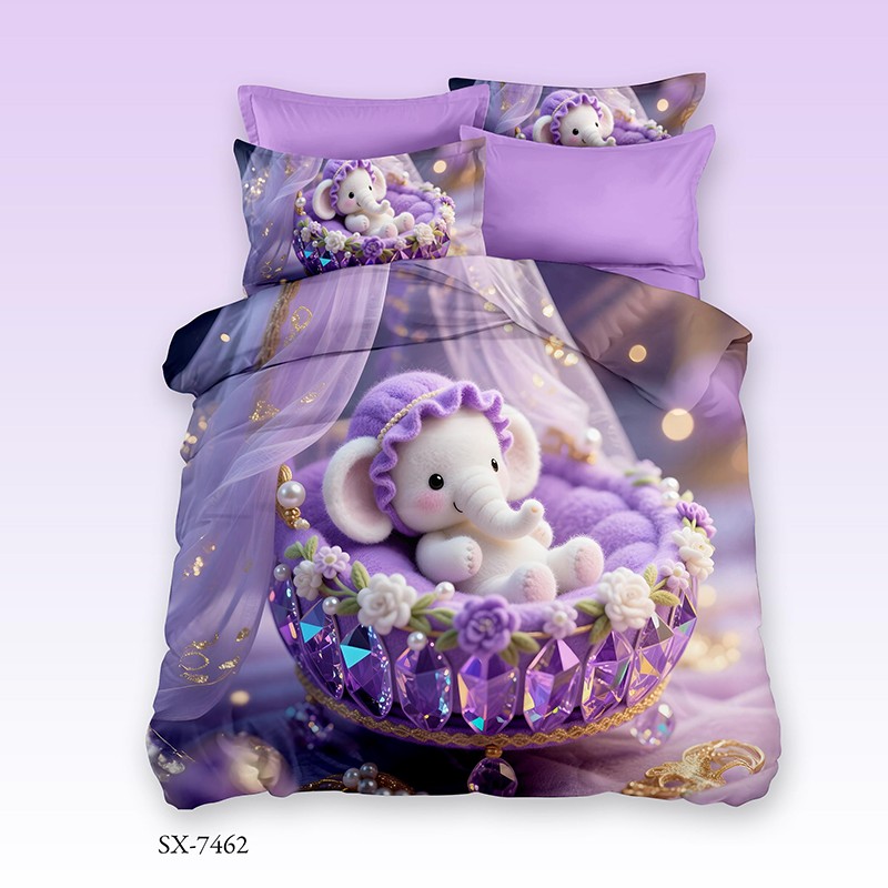 Cartoon 5D Digital Printed Bed Sheet Set with a Baby Elephant in a Purple Crystal Basket