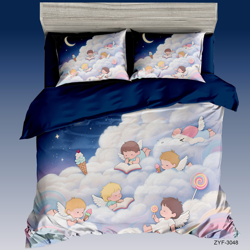 Cartoon 5D Digital Printed Bed Set with Dreamy Cloud Angels and Whimsical Sky Design