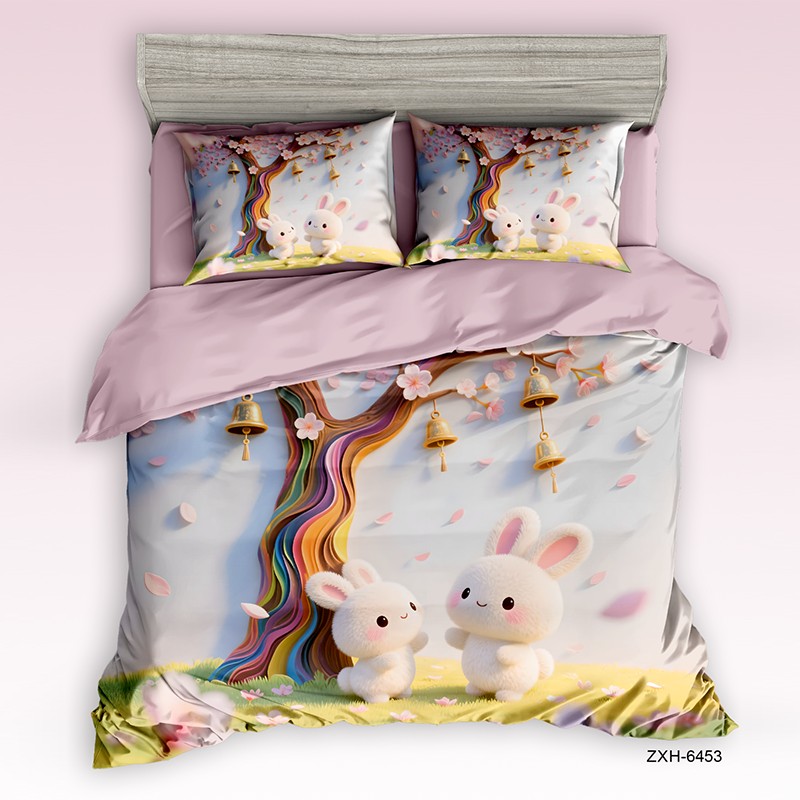 Cartoon 5D Digital Printed Bed Sheet Set with Adorable Bunnies Under a Cherry Blossom Tree