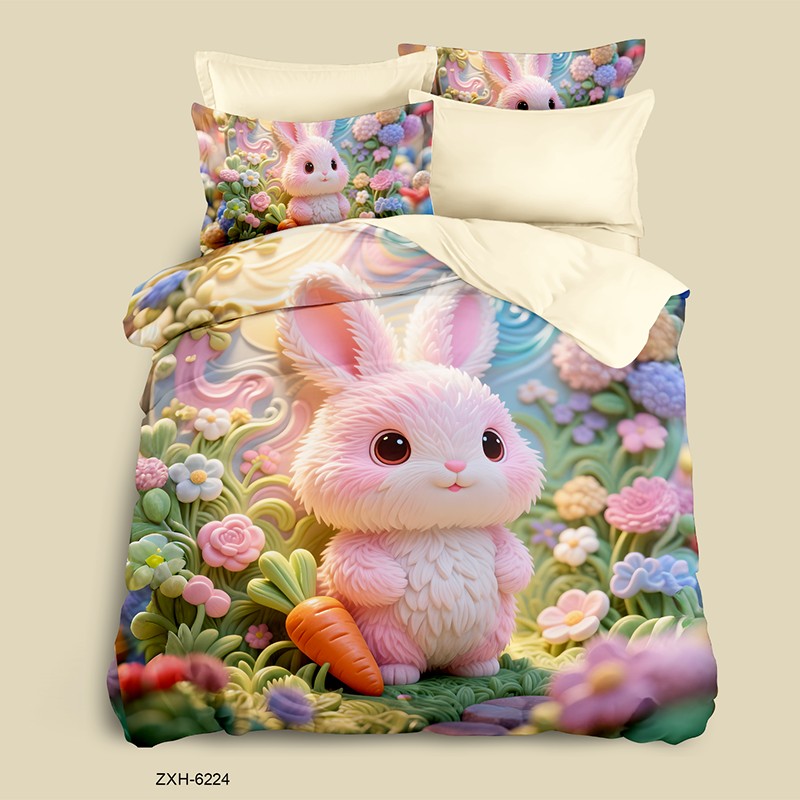 Cartoon 5D Digital Printed Bed Sheet Set with a Fluffy Pink Bunny in a Floral Garden