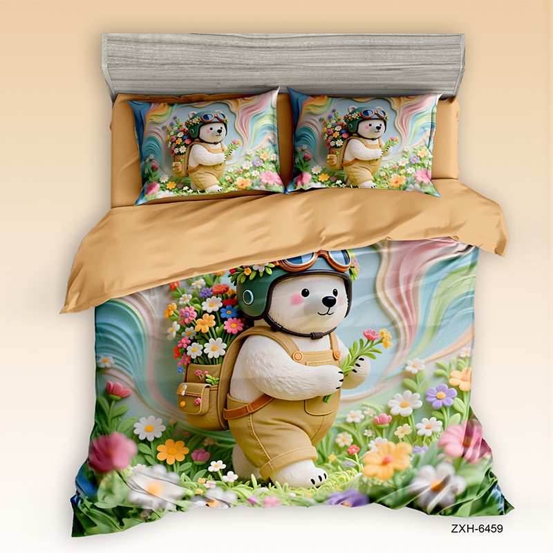 Cartoon 5D Digital Printed Bed Sheet Set with an Adventure Bear Explorer in Flower Field