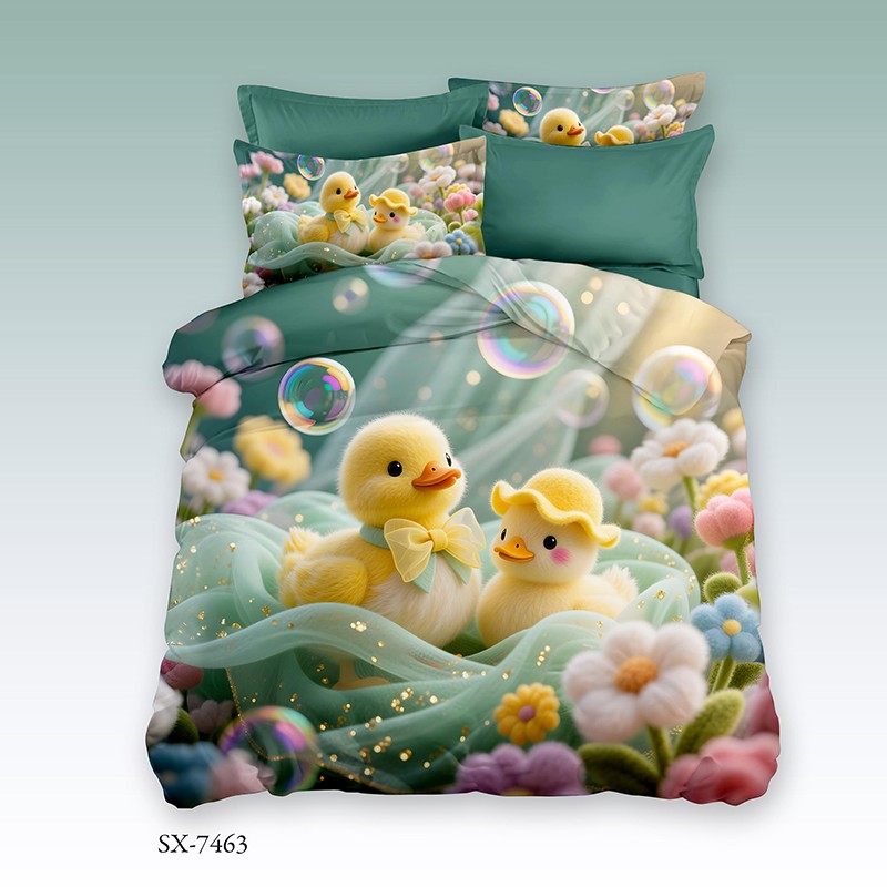 Cartoon 5D Digital Printed Bed Sheet Set with Two Ducklings in a Floral Bubble Paradise