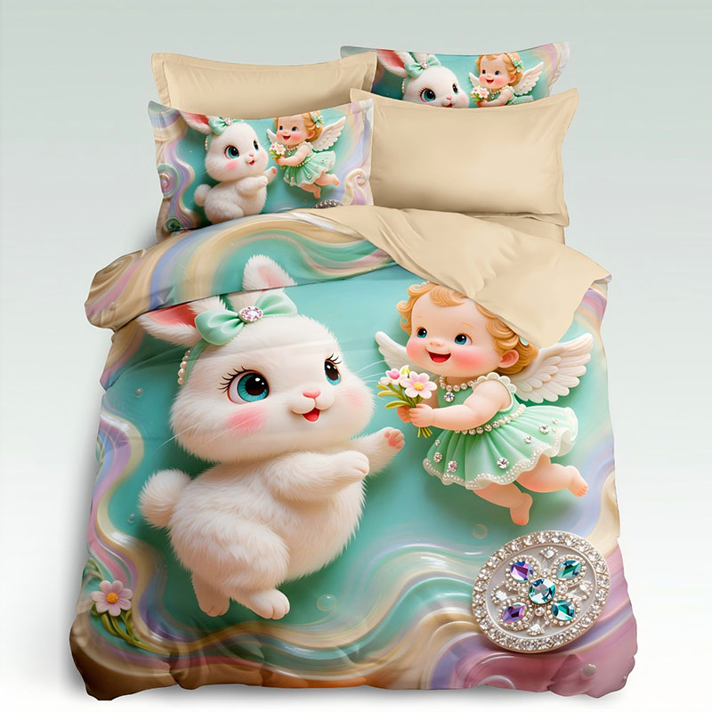 5D Cartoon Digital Printed Bed Sheet Set-Angel & Bunny
