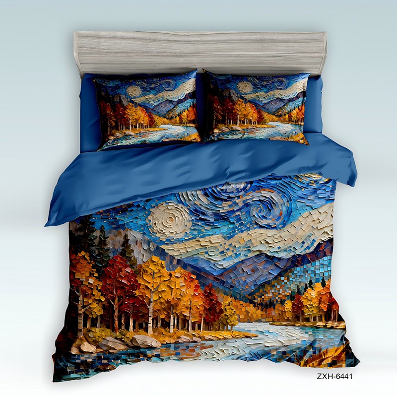 ‌5D Oil-Painting Effect Digital Print Bedding Set - ‌Autumn Forest & Starry Night