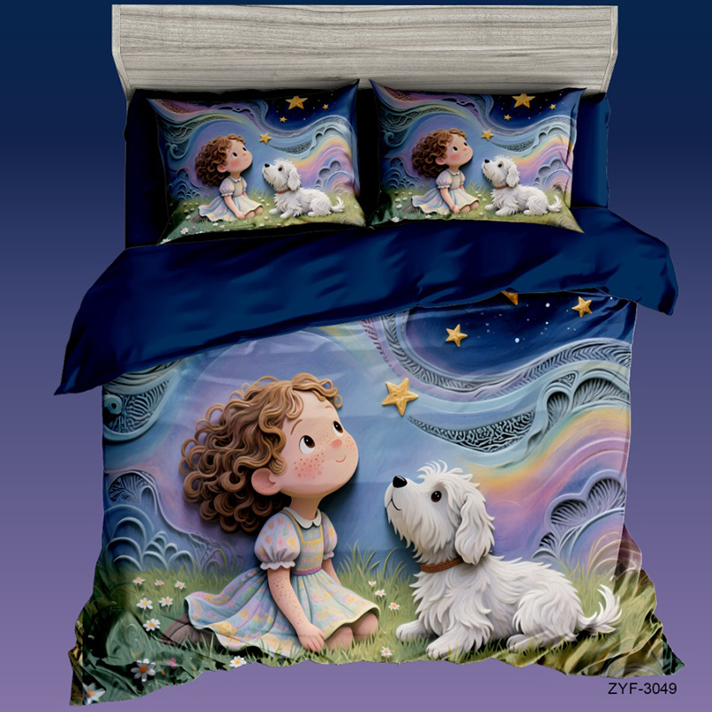 Cartoon 5D Digital Printed Bed Set with Sweet Little Girl and Dog Under the Stars Design