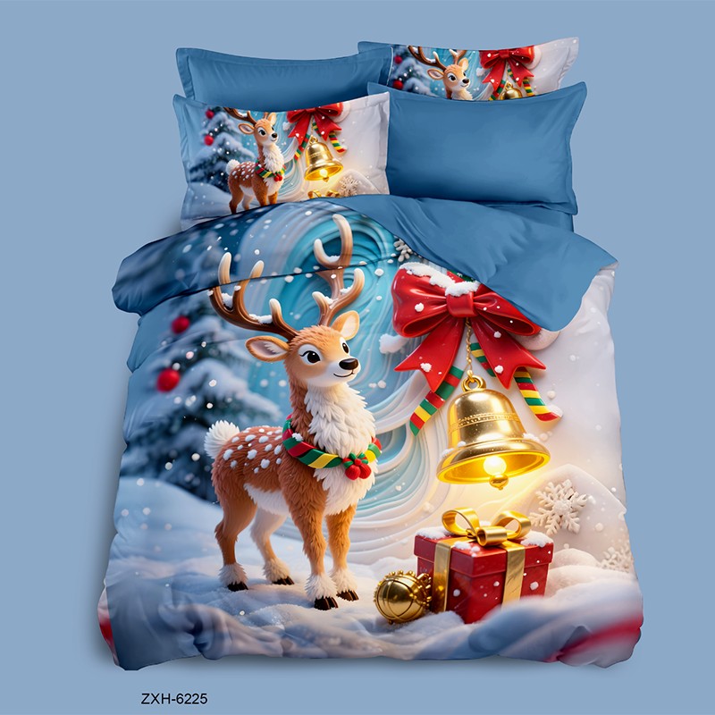 Cartoon 5D Digital Printed Bed Sheet Set with a Christmas Reindeer in a Snowy Wonderland