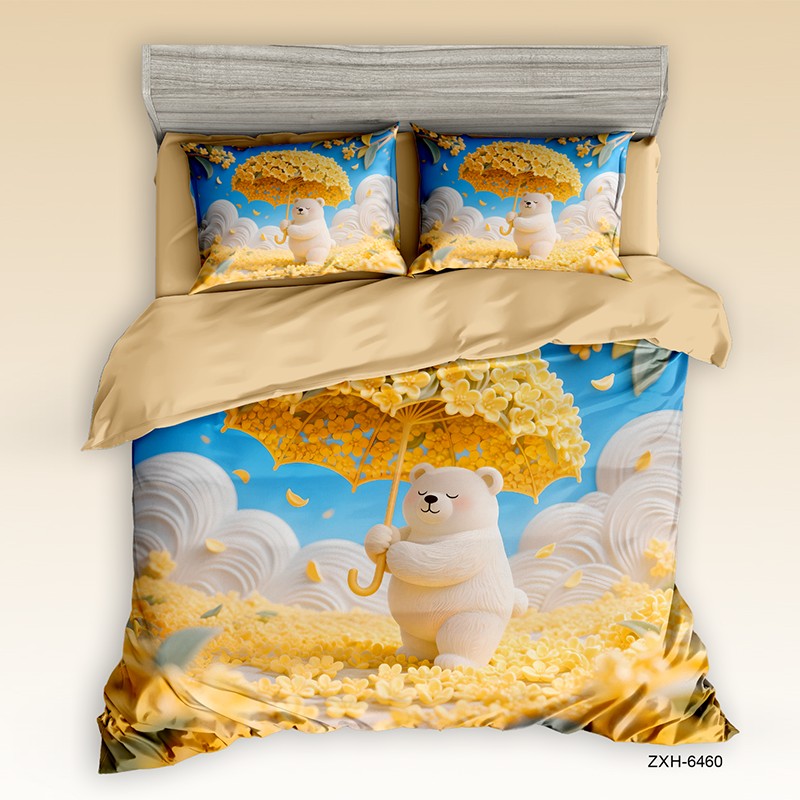 Cartoon 5D Digital Printed Bed Sheet Set with a Happy Bear Under Golden Autumn Tree