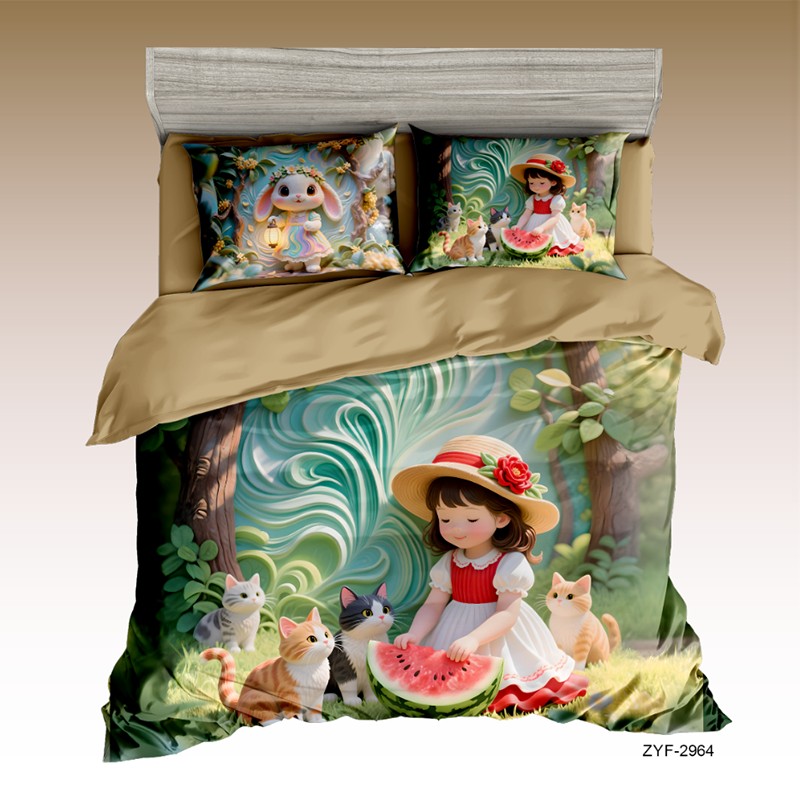 Cartoon 5D Digital Printed Bed Sheet Set with a Little Girl and Kittens in a Summer Picnic