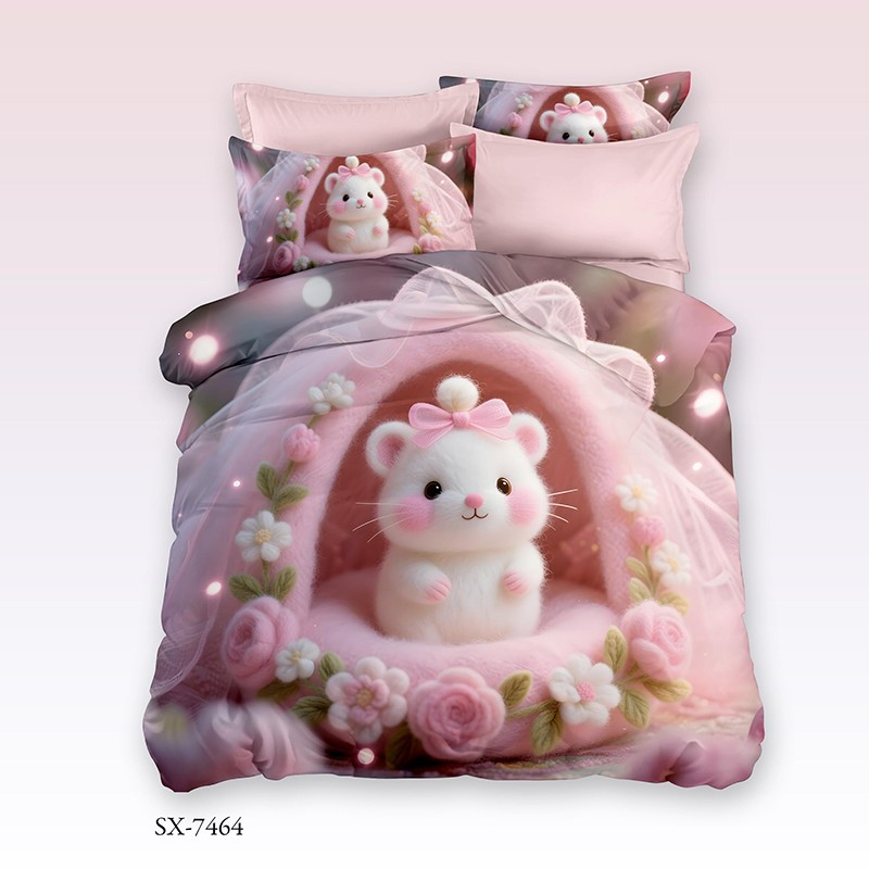 Cartoon 5D Digital Printed Bed Sheet Set with a Cute Hamster in a Pink Floral House