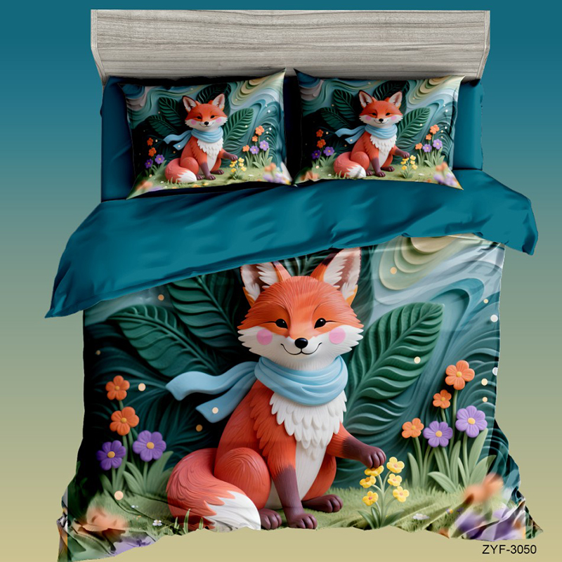 Cartoon 5D Digital Printed Bed Set with Cute Fox in a Floral Fantasy Design