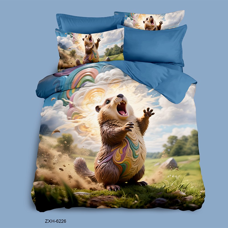 Cartoon 5D Digital Printed Bed Sheet Set with an Excited Groundhog in a Sunny Field
