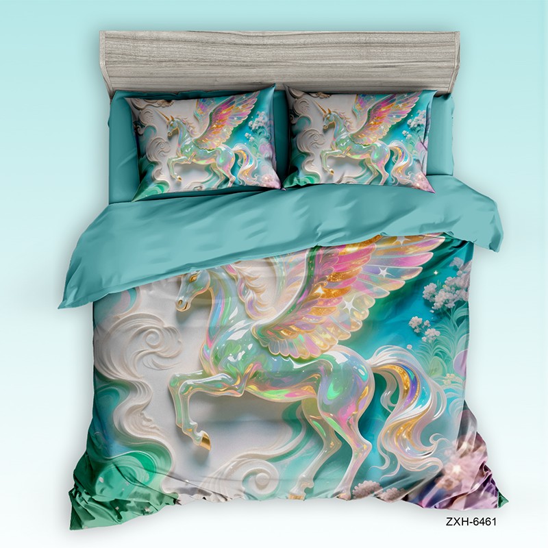 Cartoon 5D Digital Printed Bed Sheet Set with a Crystal Pegasus in Ethereal Clouds