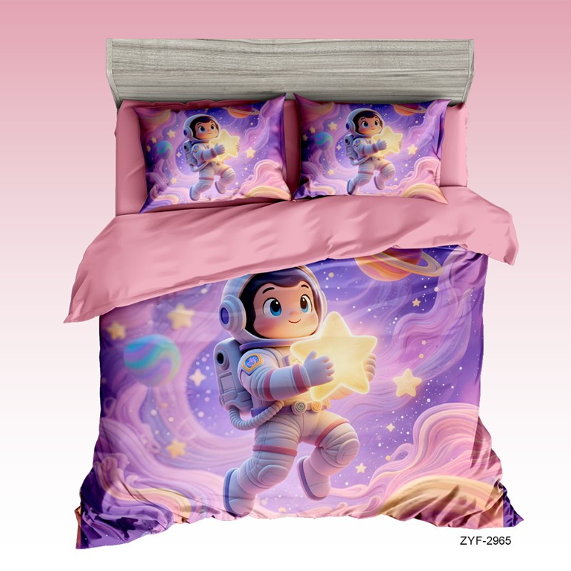 Cartoon 5D Digital Printed Bed Sheet Set with a Space Astronaut Boy in a Starry Galaxy