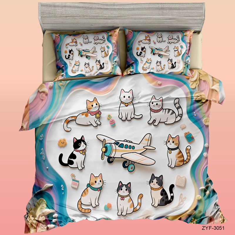 Cartoon 5D Digital Printed Bed Set with Fun Cat and Plane Travel Design