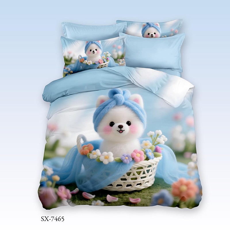 Cartoon 5D Digital Printed Bed Sheet Set with a Fluffy Puppy in a Flower Basket