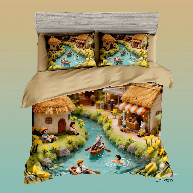 5D Cartoon Digital Printed Bed Sheet Set-Cozy Village