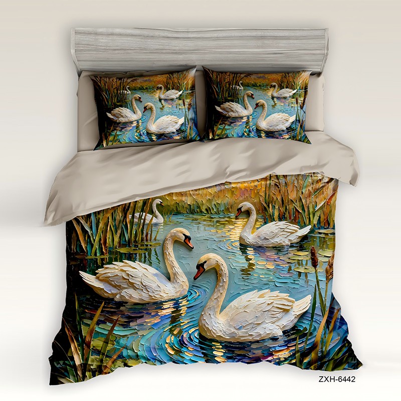 ‌5D Oil-Painting Effect Digital Print Bedding Set - ‌Swan Lake