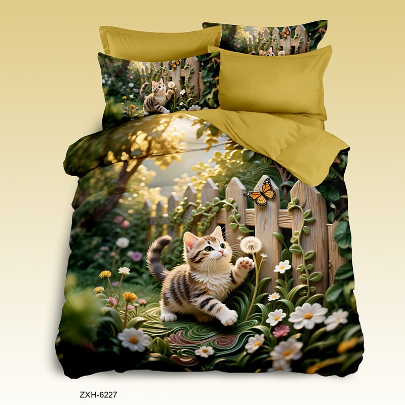 Cartoon 5D Digital Printed Bed Sheet Set with a Playful Kitten in a Sunny Garden