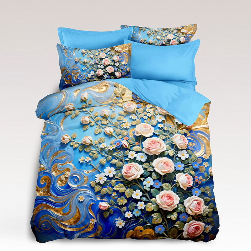 ‌5D Floral Digital Print Bedding Set -Blue & Gold Luxurious Bloom‌