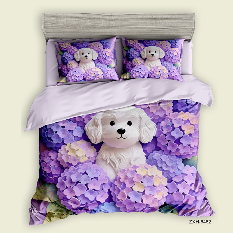 Cartoon 5D Digital Printed Bed Sheet Set with a Fluffy Puppy in Purple Hydrangea Garden