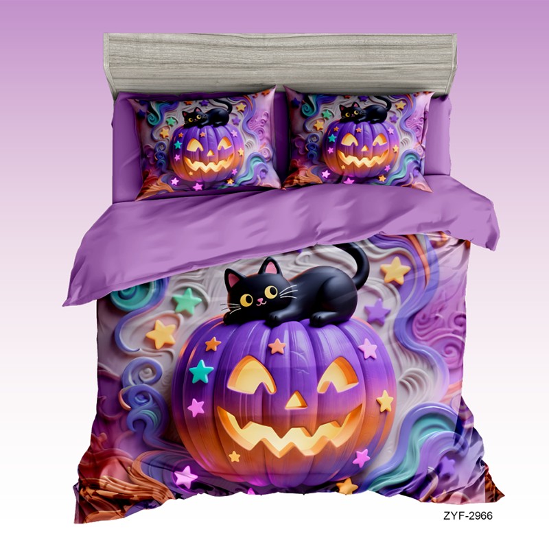 Cartoon 5D Digital Printed Bed Sheet Set with a Halloween Black Cat on a Magic Pumpkin