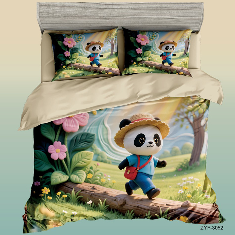Cartoon 5D Digital Printed Bed Set with Cute Panda Walking in the Sunlit Forest Design
