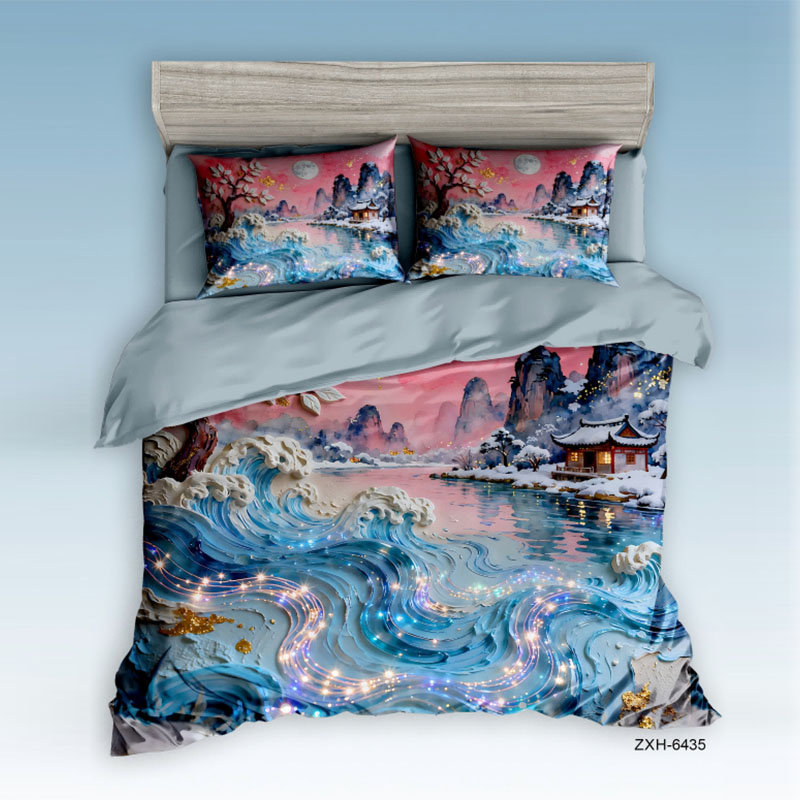 ‌5D Oil-Painting Effect Bedding Set - Winter Moon & Snowy Landscape‌