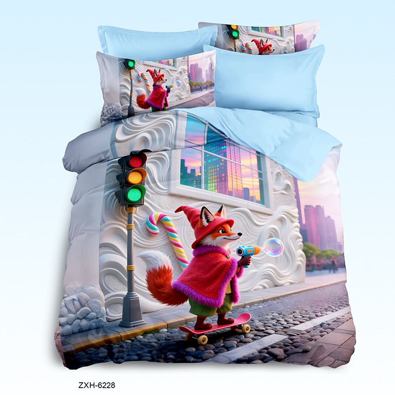 Cartoon 5D Digital Printed Bed Sheet Set with a Skater Fox in the City