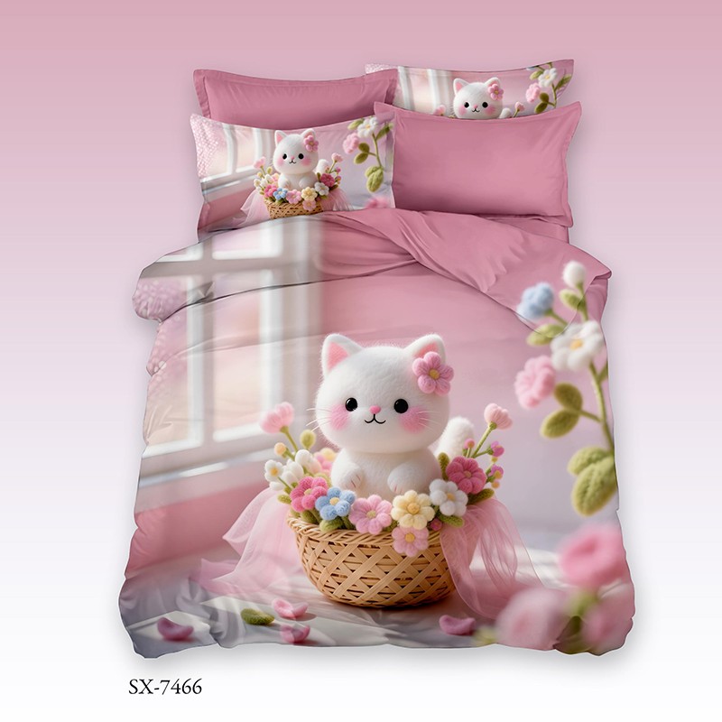Cartoon 5D Digital Printed Bed Sheet Set with a White Kitten in a Flower Basket