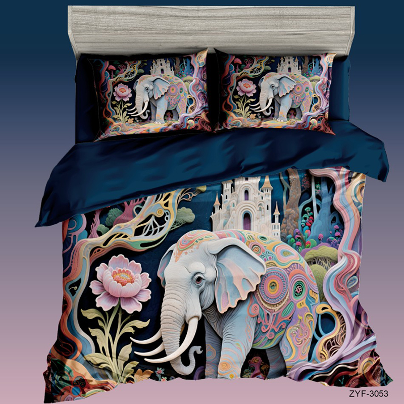 Cartoon 5D Digital Printed Bed Set with Mystical Elephant in a Colorful Forest Design