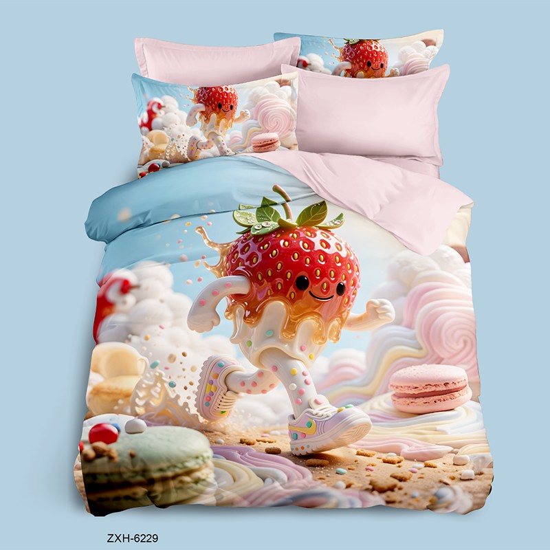 Cartoon 5D Digital Printed Bed Sheet Set with a Running Strawberry in a Sweet Landscape