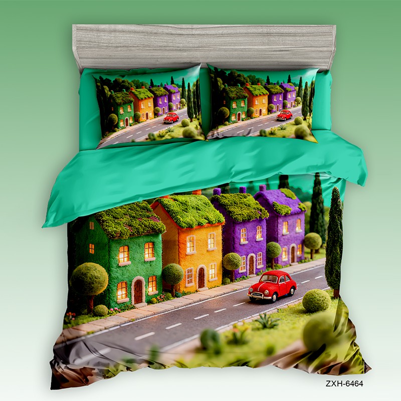 Cartoon 5D Digital Printed Bed Sheet Set with a Colorful Village Street Scene