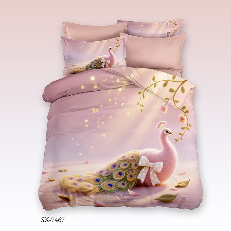 Cartoon 5D Digital Printed Bed Sheet Set with a Pink Peacock in a Magical Forest