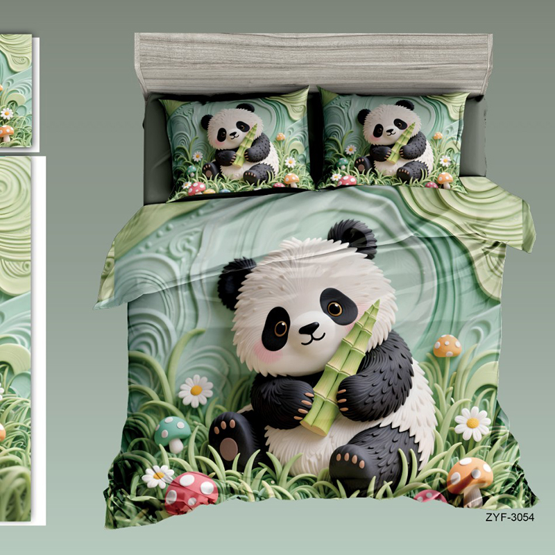 Cartoon 5D Digital Printed Bed Set with Playful Panda and Mushrooms in a Peaceful Meadow Design