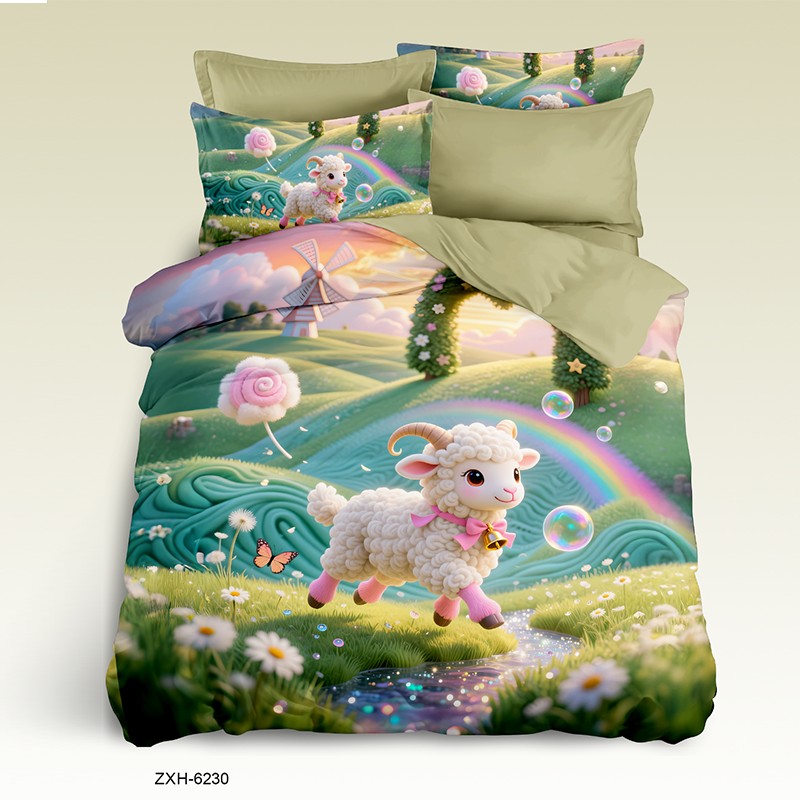 Cartoon 5D Digital Printed Bed Sheet Set with a Happy Lamb in a Rolling Meadow