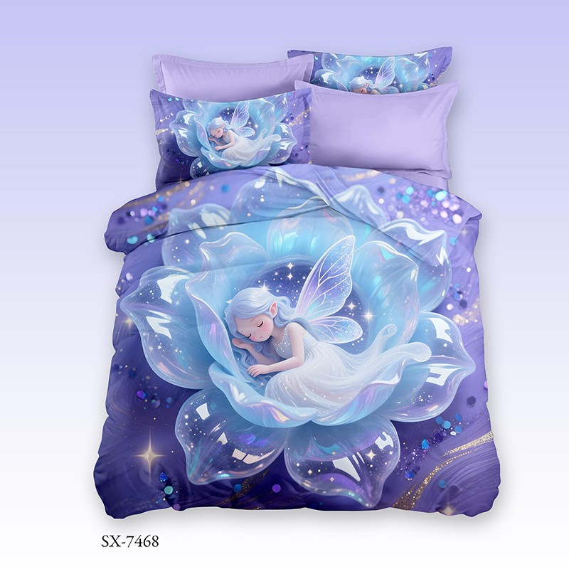 Cartoon 5D Digital Printed Bed Sheet Set with a Sleeping Fairy in a Blue Flower