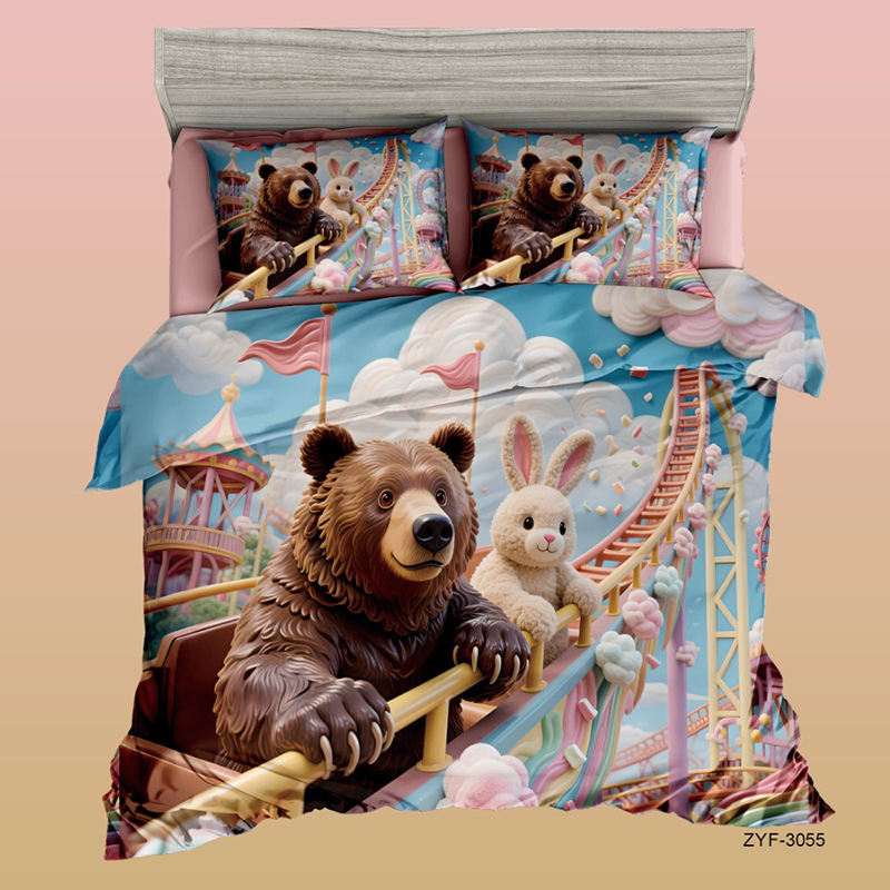Cartoon 5D Digital Printed Bed Set with Roller Coaster Ride Featuring Bear and Bunny Design