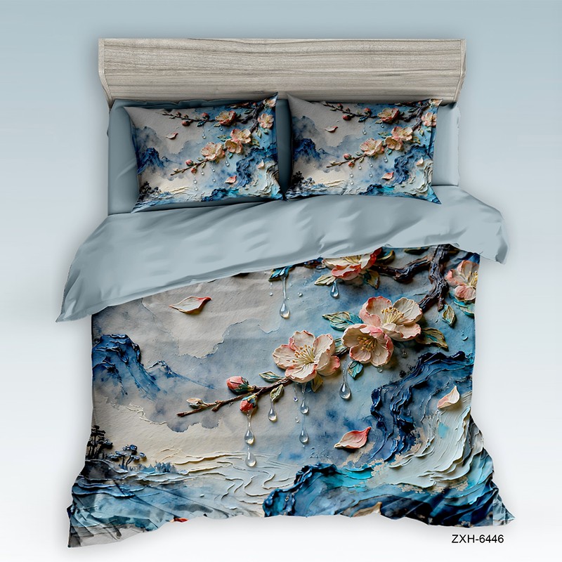 ‌5D Oil-Painting Effect Digital Print Bedding Set - ‌Rain-Kissed Peach Blossom